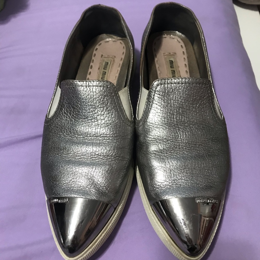 Miu Miu Silver Pointy Loafers Sneaker Size 38